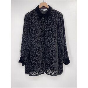 Carol Horn Button Up Blouse Women Large Floral Velvet Burnout Long Sleeve Black